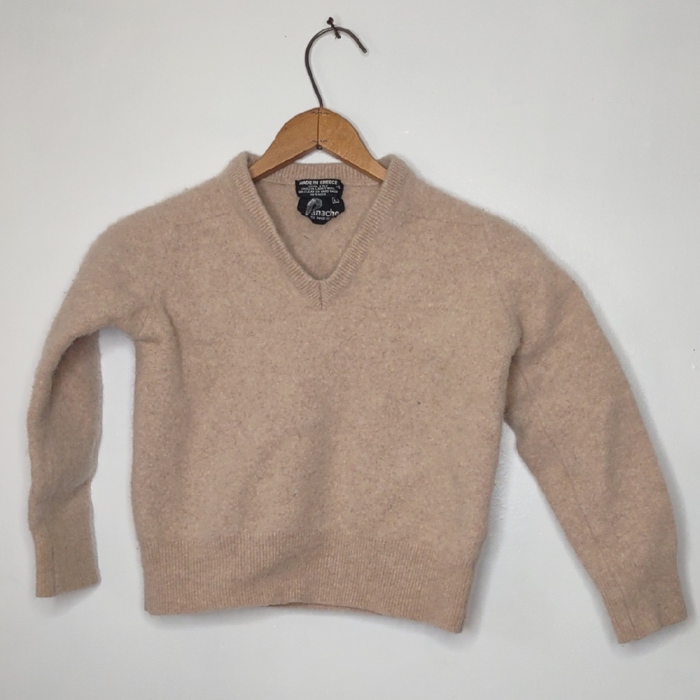 Panache Cozy Beige V-Neck Sweater Childrens Large 2 Ply Lambs Wool